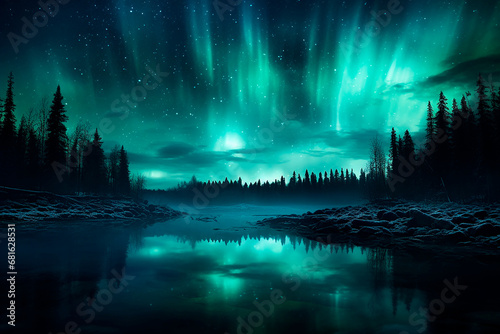 Aurora boreal - Paisaje lago nieve bosque de noche con cielo estrellado - Azul, verde