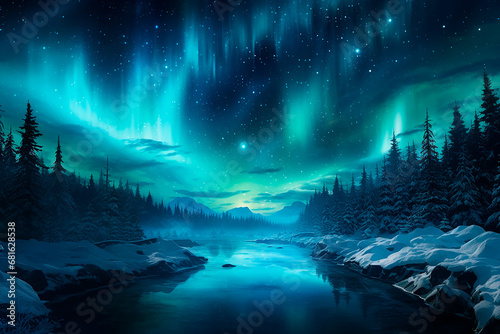 Aurora boreal - Paisaje lago nieve bosque de noche con cielo estrellado - Azul, verde photo