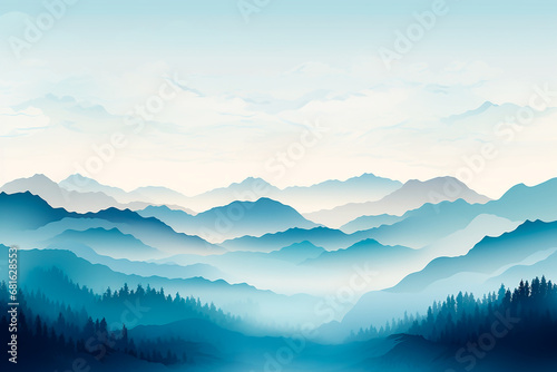 Paisaje bosque niebla - Amanecer montanas - Azul, verde 
