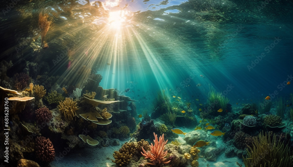 Fototapeta premium Colorful sea life thrives in the tropical underwater reef landscape generated by AI
