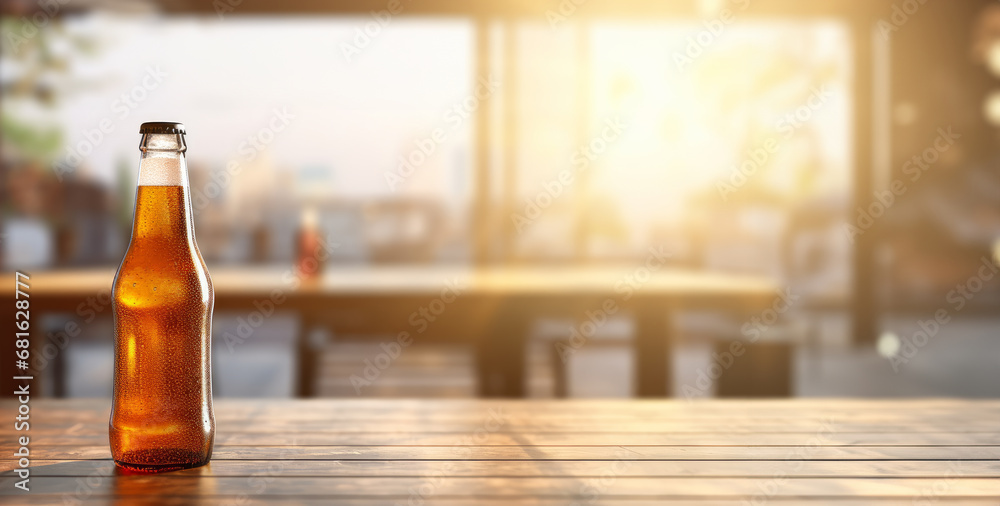 Panorama from fresh cold bottle of beer on wood table Panorama from fresh cold bottle of beer on wood table