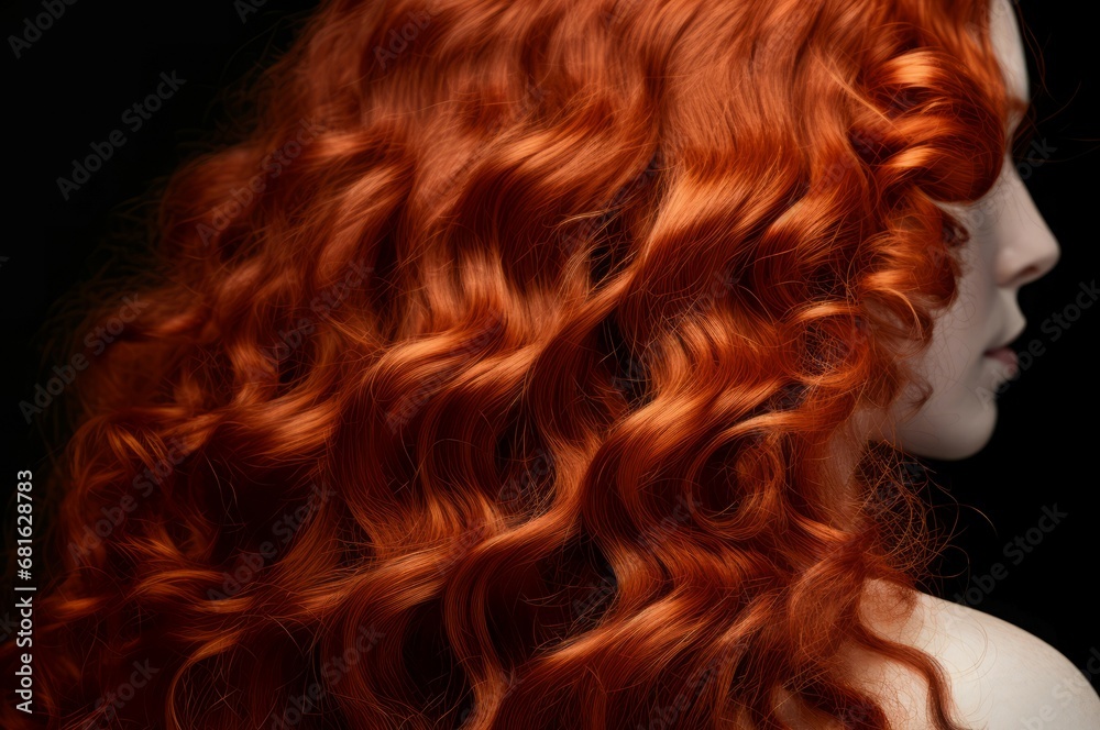 Fototapeta premium Healthy curly red hair portrait. Bright beauty hair salon styling wellness. Generate ai