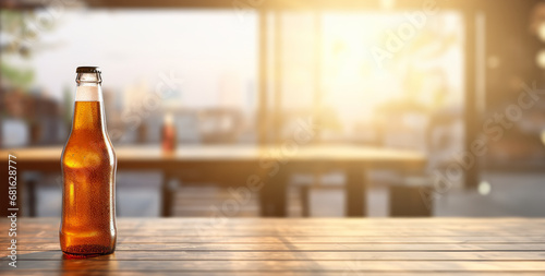 Panorama from fresh cold bottle of beer on wood table