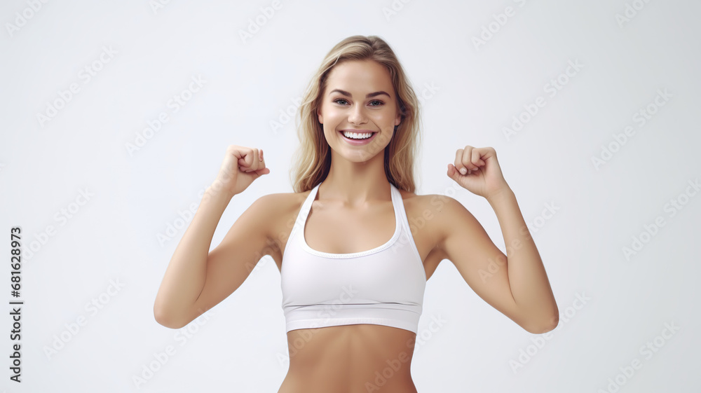 Isolated on a white background, a happy girl stretches after exercising Isolated on a white background, a happy girl stretches after exercising