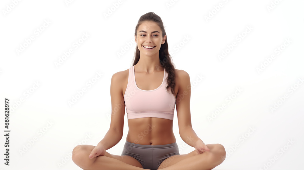 Isolated on a white background, a happy girl stretches after exercising Isolated on a white background, a happy girl stretches after exercising