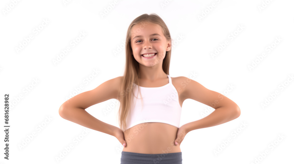 Isolated on a white background, a happy girl stretches after exercising Isolated on a white background, a happy girl stretches after exercising