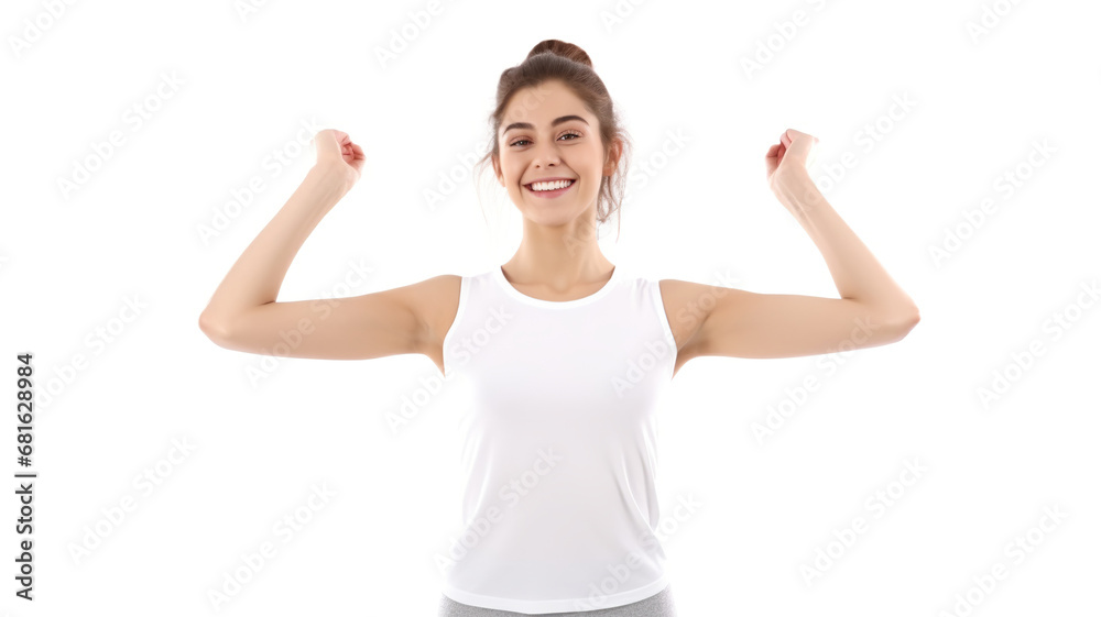 Isolated on a white background, a happy girl stretches after exercising Isolated on a white background, a happy girl stretches after exercising