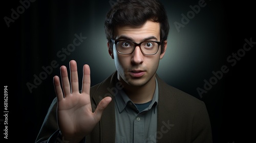 closeup of a person doing the gesture of stop in studio photo