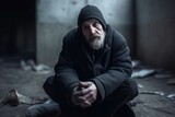 Homeless old beggar man. Poor bearded man begging on the street. Generate ai