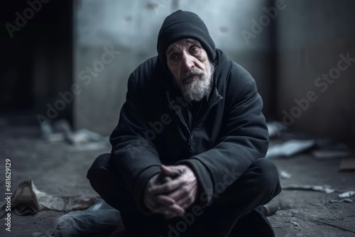 Homeless old beggar man. Poor bearded man begging on the street. Generate ai