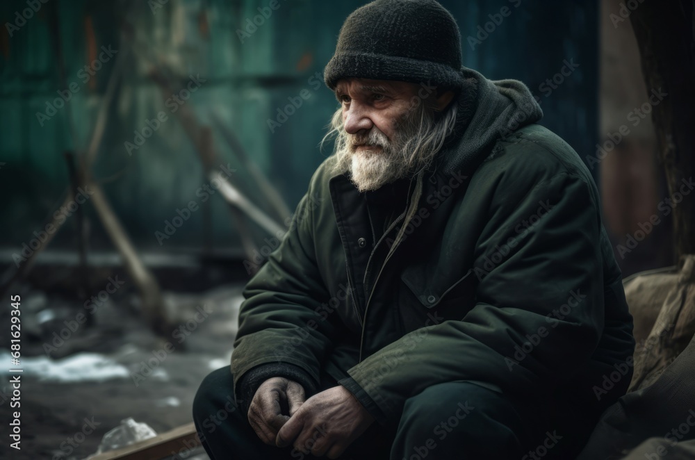 Homeless elderly beggar man sitting on the street. Depressed old man living in poverty and hunger. Generate ai