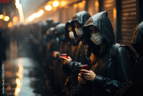 Many people with masks on faces waiting in line for testing on streets during covid-19 pandemic, Dark night time, Rain. photo