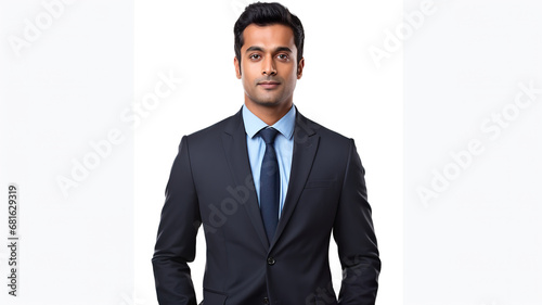 Isolated on a stark white background, a young Indian businessman