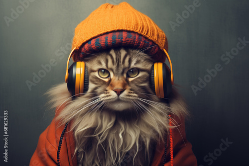 Rastafarian cat in a knitted hat and headphones