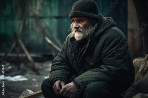 Homeless elderly beggar man sitting on the street. Depressed old man living in poverty and hunger. Generate ai © nsit0108