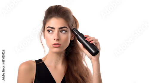 The girl uses hairspray while isolated against a stark white background.