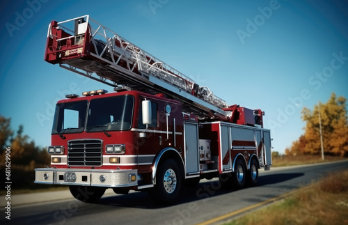A fire truck with a ladder on top driving on road.