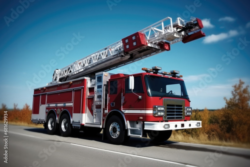 A fire truck with a ladder on top driving on road. photo