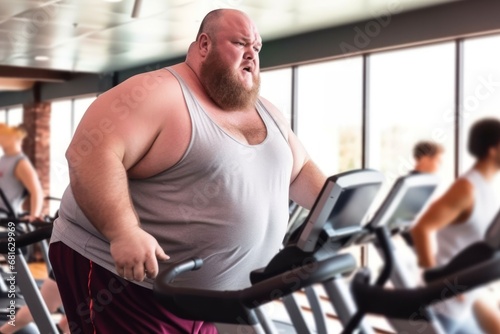 Fat man in sportswear exercising in the gym.