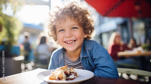 Cute little boy eating dessert apple pie in a cafe.