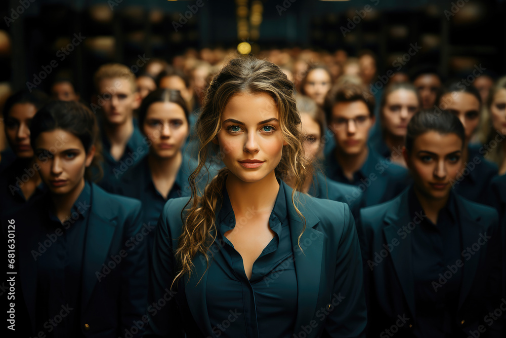 A confident businesswoman stands out in a crowd of professionals. Her strong gaze and unique presence symbolize leadership and ambition.