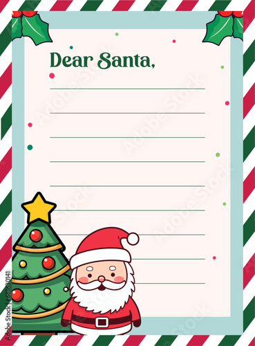 Santa Claus and Christmas Tree Character Illustration Vector: Kids Template for Christmas Letter to Santa Claus on a Decorated Paper Sheet
