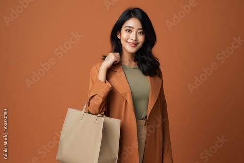 Asian woman in trendy dress holding