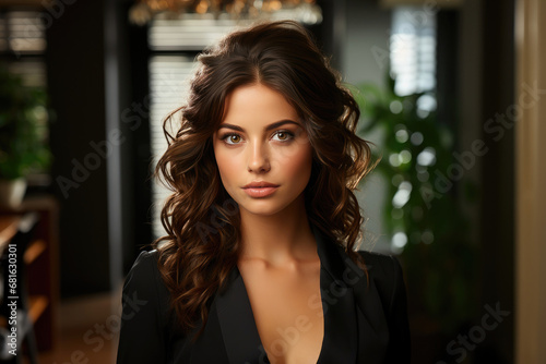 Stunning portrait of a young woman with beautiful curly hair and makeup  wearing a black blazer  looking at the camera.