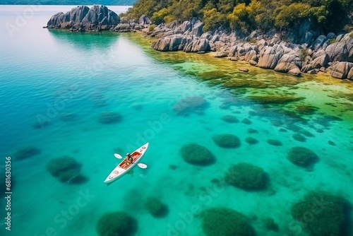 Aerial drone view of in kayak in crystal clear lagoon sea water during summer day near Koh Lipe island in Thailand. Travel tropical island holiday concept photo