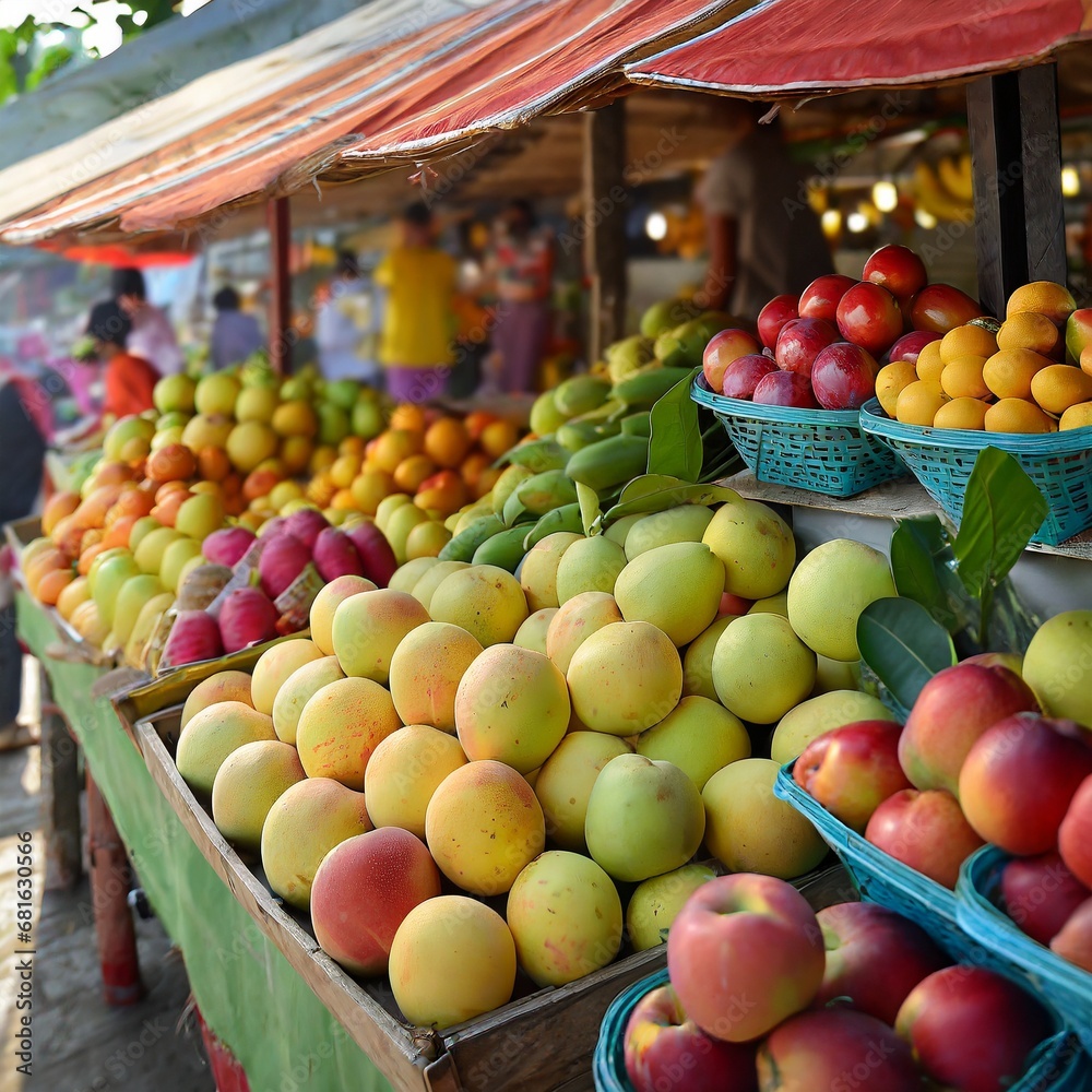 A picture of a fresh fruit market, with stalls full of juicy apples