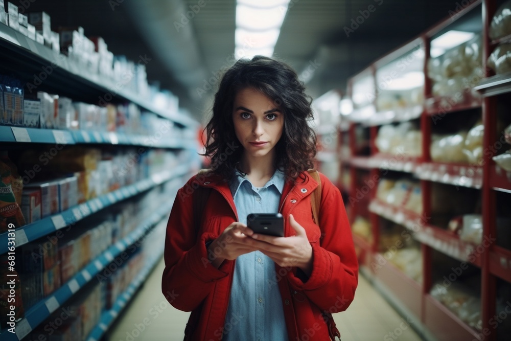 Brunette woman in the supermarket with many of packages and phone in hands have shopping day
