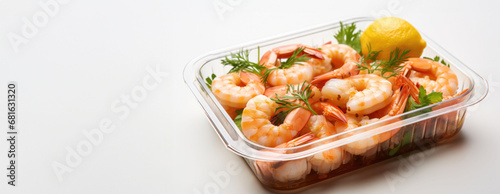 Cooked shrimp in a takeout box with lemon and herbs, isolated on a white background, concept of healthy eating.