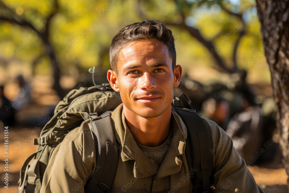 Young and approachable soldier with a warm smile, wearing military gear and a backpack, outdoors on a sunny day.