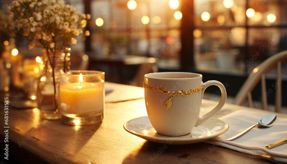 Obraz premium Cozy coffee shop, illuminated by warm wood, offers relaxation generated by AI