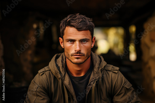 A focused man with a serious demeanor wearing a military jacket, giving an intense stare in an indoor setting.