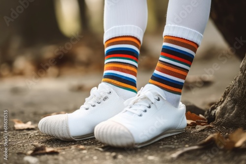 Legs with white sneakers and striped colorful socks. Outdoor street feet in sport shoes. Generate ai