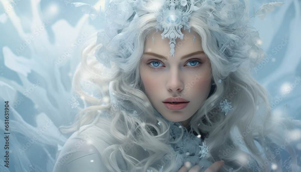 The snow queen character portrait in bright cold colors