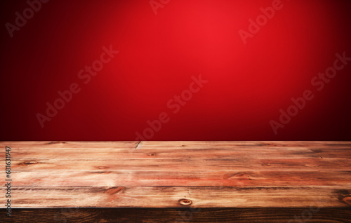 Wooden board empty table in front of red wallpaper background, product mockup Christmas