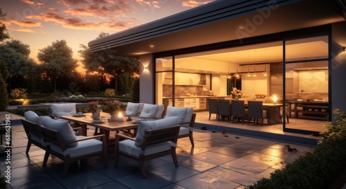 Large patio outdoor with furniture at luxury home at sunset, Barbecue and table with chairs. photo