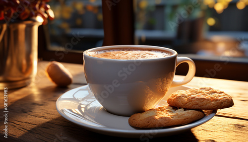 Homemade coffee shop drink cappuccino  cookie  and milk generated by AI