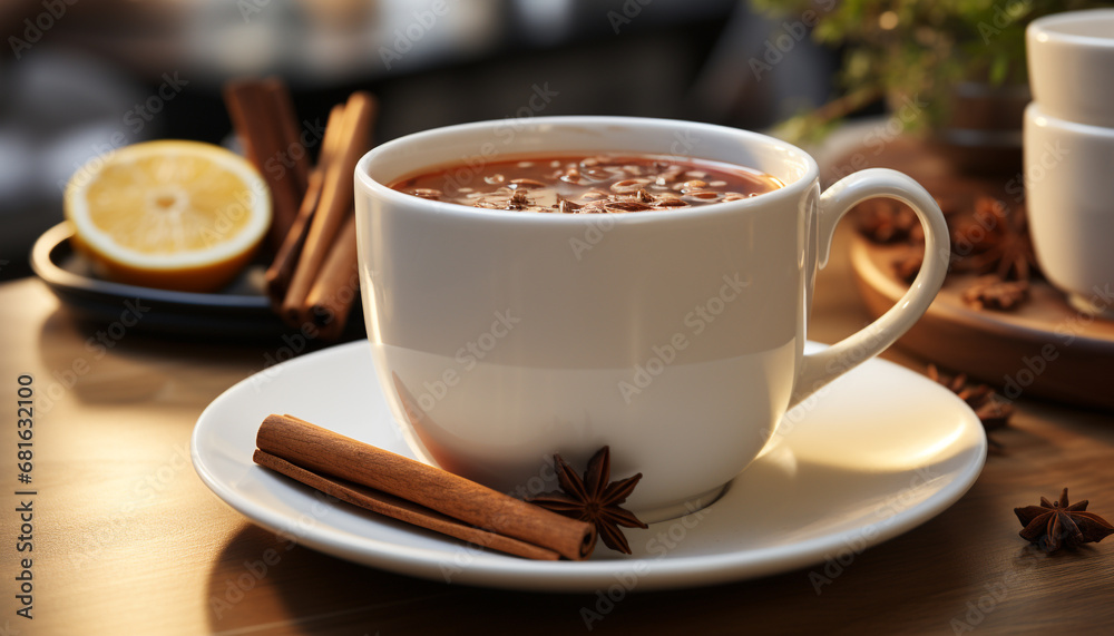 Hot drink on wooden table, coffee cup with chocolate and spice generated by AI Hot drink on wooden table, coffee cup with chocolate and spice generated by AI