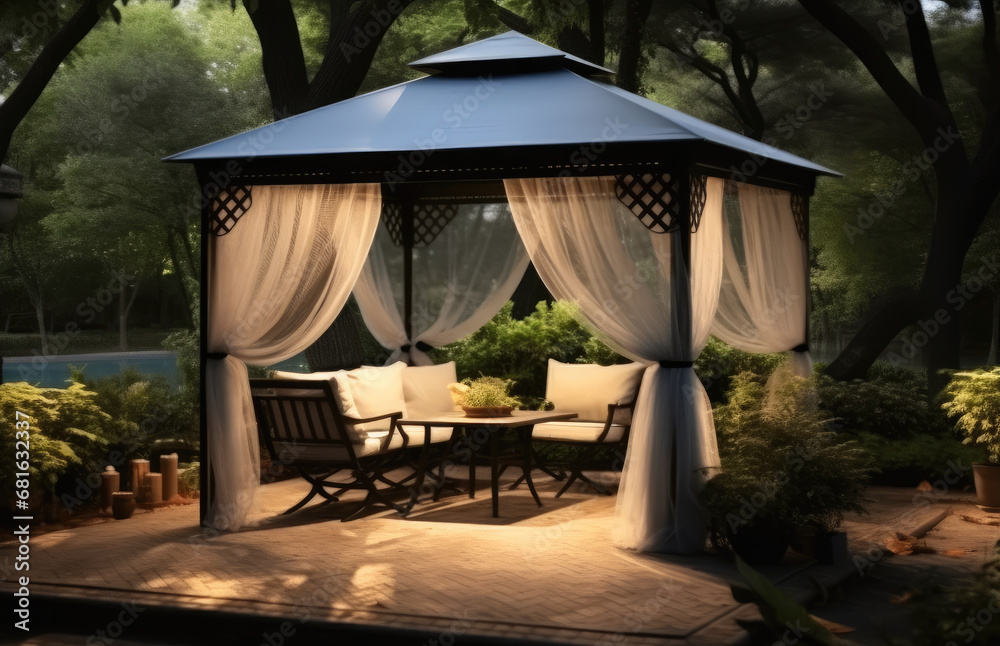 Place to rest in the backyard, Gazebo under a mosquito grid on a outside.