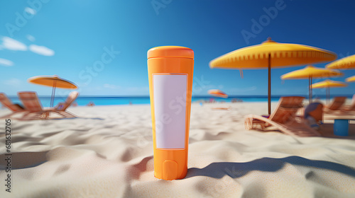 Bottle of sunscreen placed on sandy beach