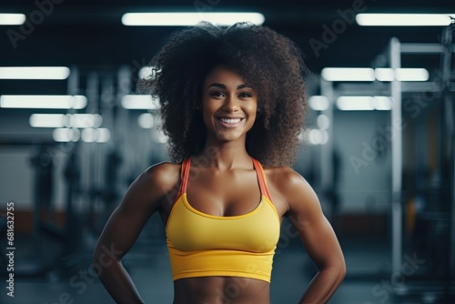 Energetic Afro woman radiates joy in the gym, embodying the spirit of fitness and well-being with a vibrant and positive presence