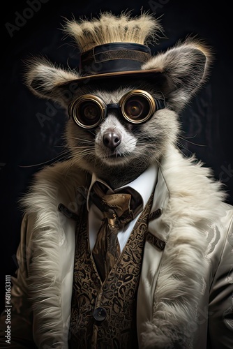 Lemur dressed in an elegant modern suit with a nice tie. Fashion portrait of an anthropomorphic animal posing with a charismatic human attitude