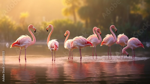 A group of flamingos gracefully wading in a shallow, sunlit pond.