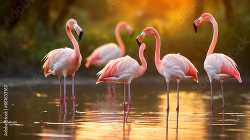 A group of flamingos gracefully wading in a shallow  sunlit pond.