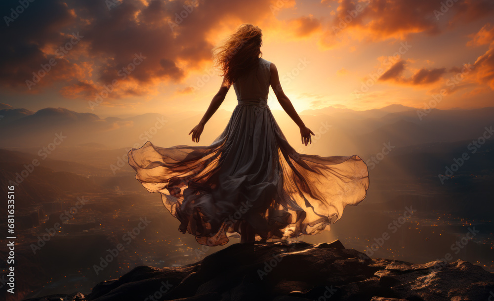 A girl standing on a mountain top. A woman in a long dress standing on top of a mountain