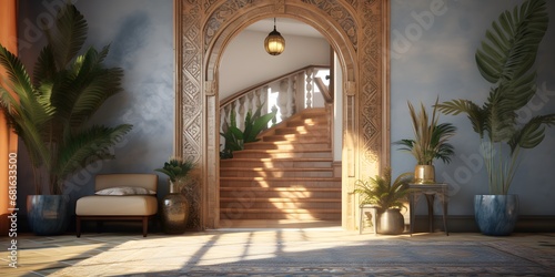 Boho style interior design of modern entrance hall with door