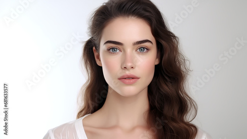 A woman poses for a close-up picture at a studio, alone against a stark white background.